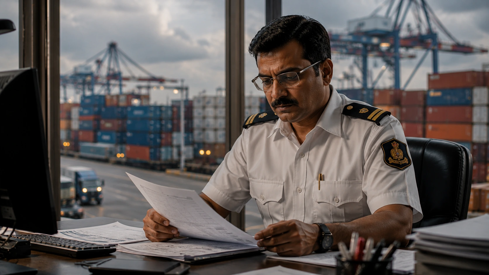 Customs documentation being processed at a port office