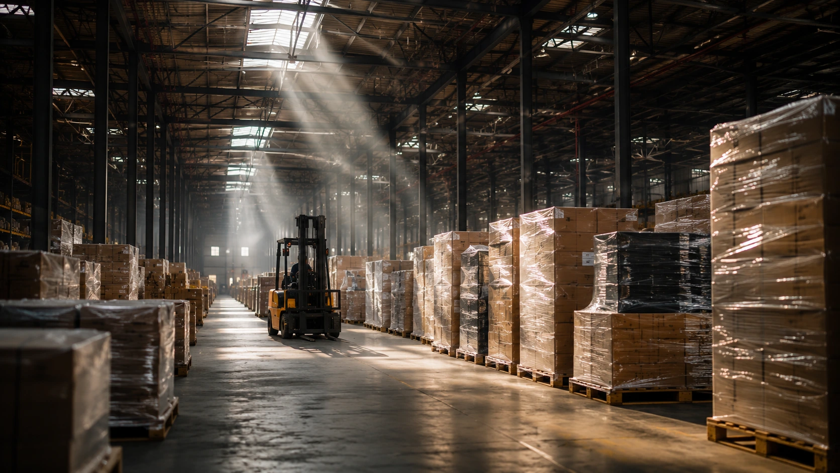 Stacked cargo pallets inside a consolidation warehouse