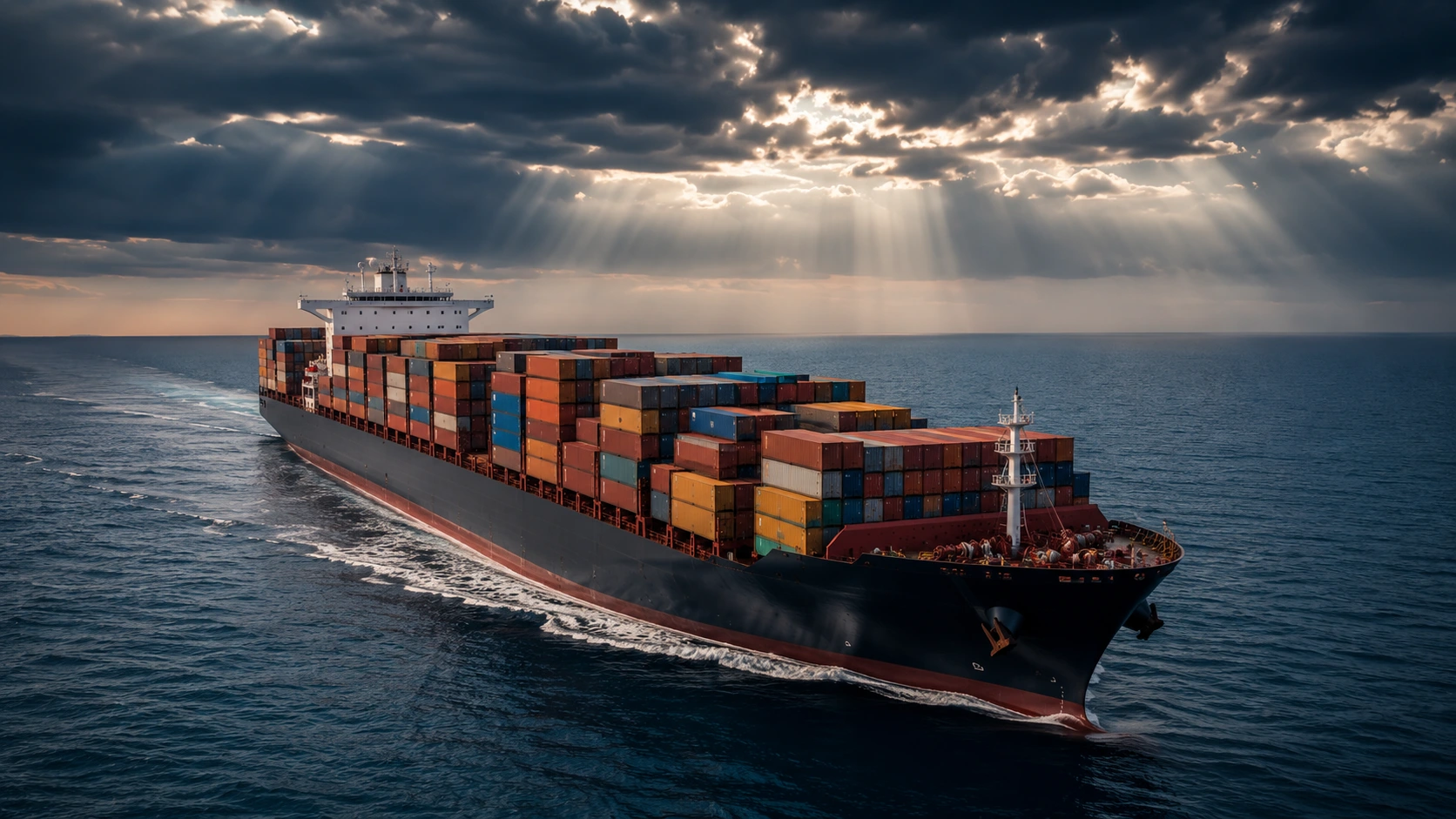 A loaded container ship under way at sea