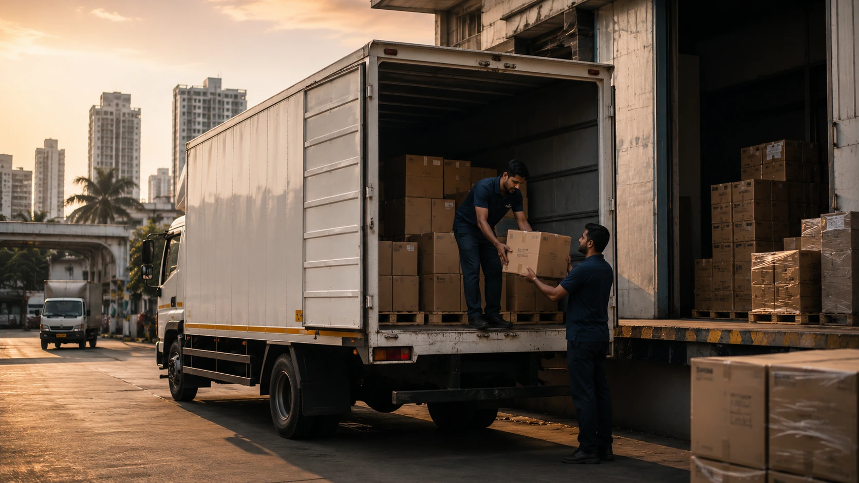 A highway freight truck beside a warehouse facility